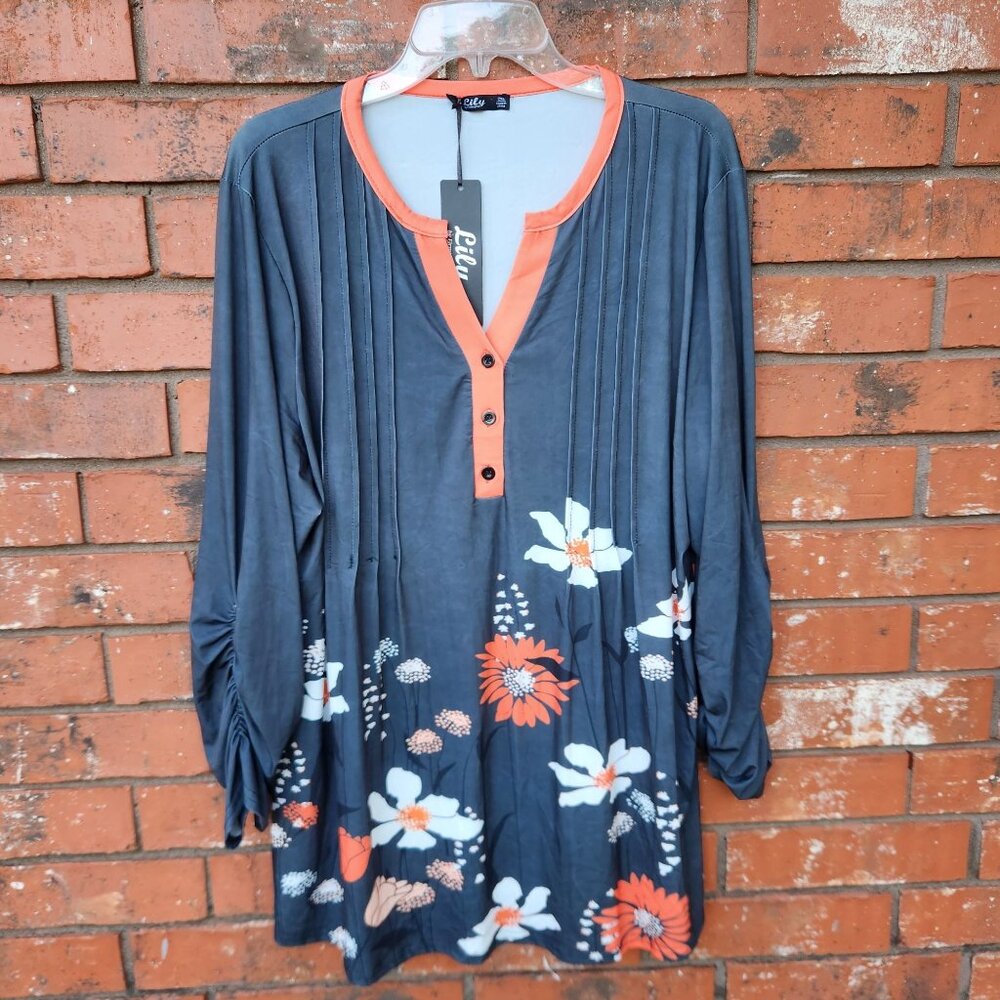 Gray & Orange Floral Button-Front Tunic By Lily 2XL Long Sleeves Lightweight